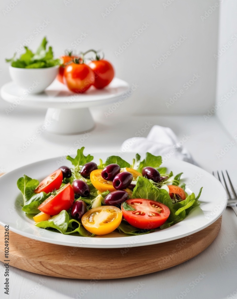Fresh Colorful Salad with Olive and Tomato Garnish. Fresh Colorful Salad with Olive and Tomato Garnish.