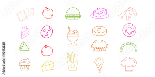 Food doddle collection, Tasty Treat line art,Editable Hand drawn Scribbles collection,Pack of Snack icon Bunch.