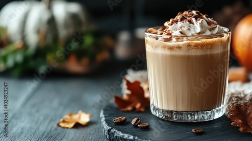 A delicious spiced latte with whipped cream, cinnamon, and chocolate shavings on top, set on a rustic dark wooden table with autumn leaves around it. photo