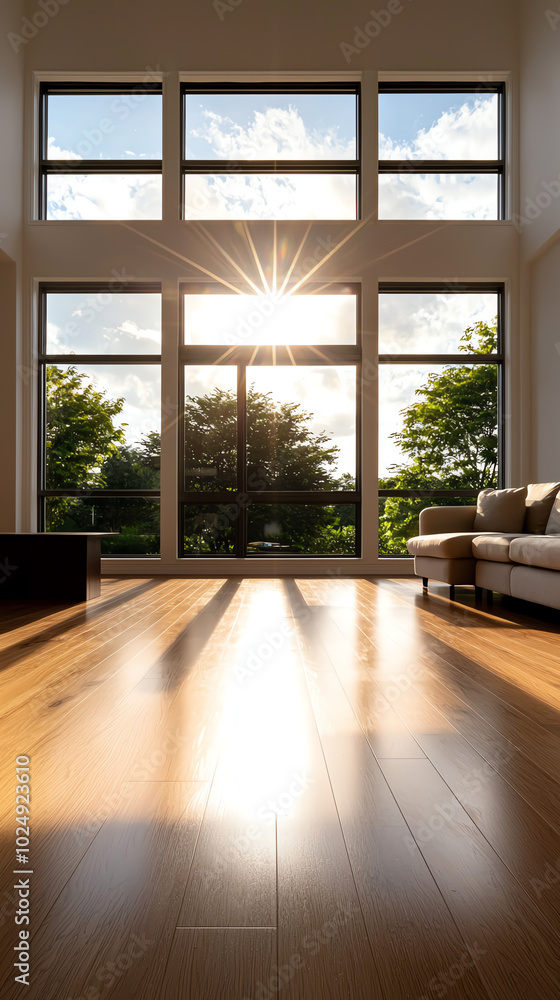 Fototapeta premium A countrystyle house with a large, open family room that has a fireplace and comfy seating