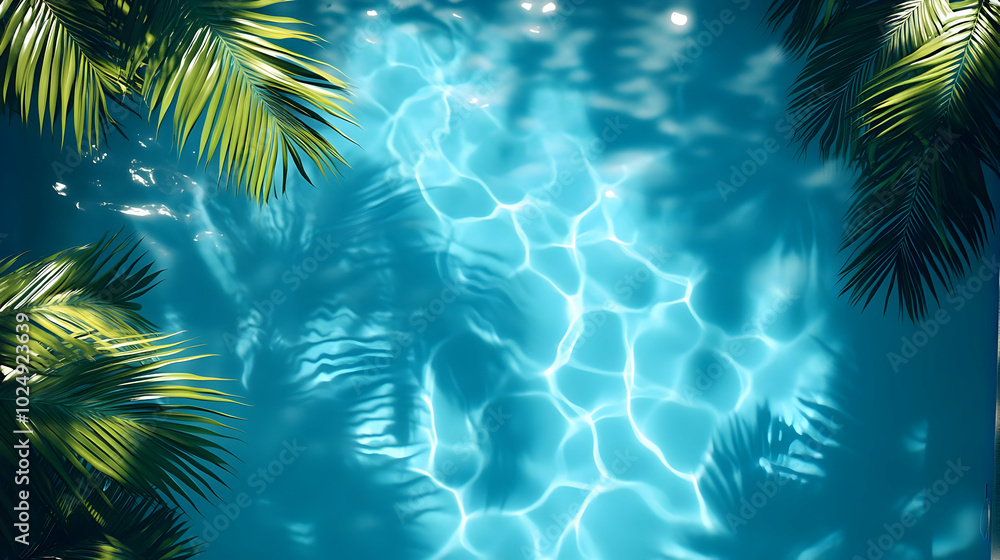 A serene swimming pool with shimmering water and palm leaves. A serene swimming pool with shimmering water and palm leaves.