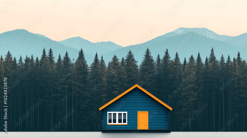 A picturesque blue house with an orange door surrounded by tall green trees and mountains in the background, creating a serene outdoor setting. A picturesque blue house with an orange door surrounded by tall green trees and mountains in the background, creating a serene outdoor setting.