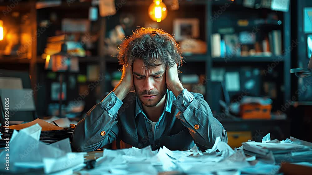 Stressed employee in his office with a pile of documents and work papers. Created with generative AI. Stressed employee in his office with a pile of documents and work papers. Created with generative AI.