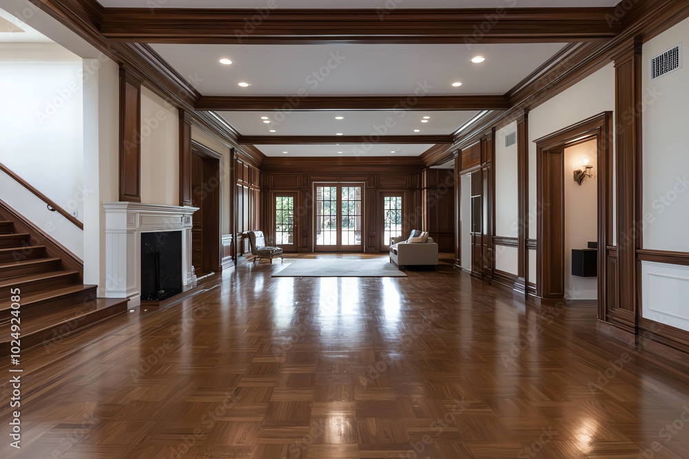 Fototapeta premium A home featuring rustic barnstyle lighting fixtures and exposed beams in the ceiling