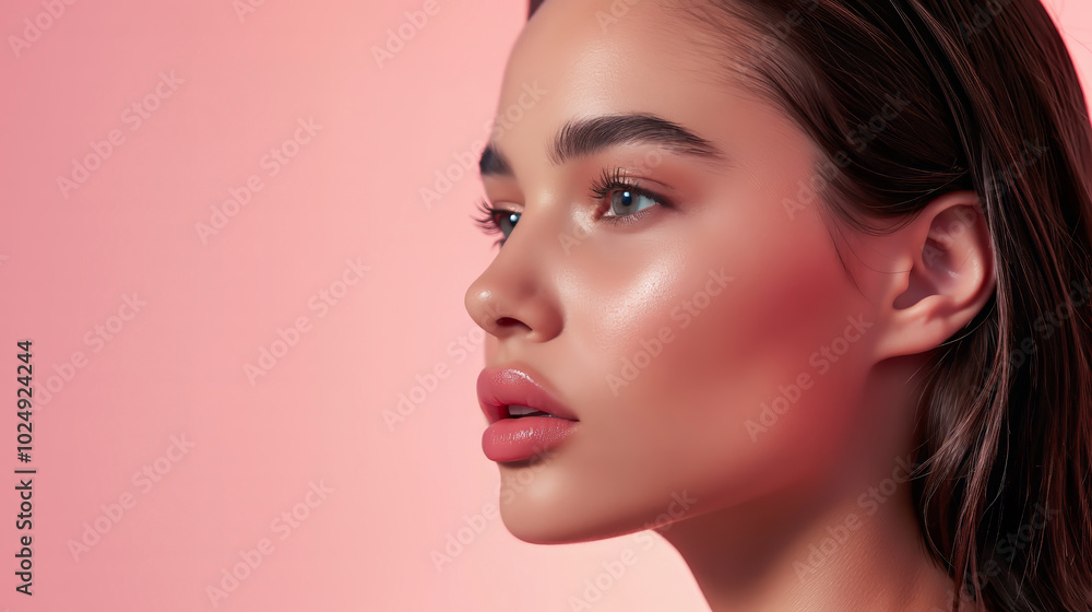 Close-up profile shot of young woman with glowing skin and natural makeup on soft pink background Close-up profile shot of young woman with glowing skin and natural makeup on soft pink background