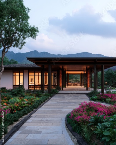 A serene modern building surrounded by lush gardens and mountains.