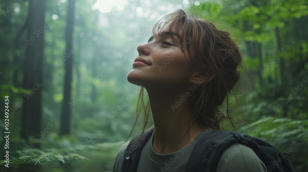 A woman is standing in a forest, looking up at the sky A woman is standing in a forest, looking up at the sky