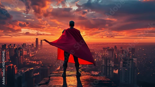 superhero businessman looking at city. Created with Generative AI. photo