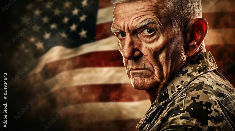 A poignant portrait of an elderly American soldier in uniform, with the US flag subtly blurred in the background, captures the essence of solitude and reflection after war. His deep wrinkles and camou A poignant portrait of an elderly American soldier in uniform, with the US flag subtly blurred in the background, captures the essence of solitude and reflection after war. His deep wrinkles and camou