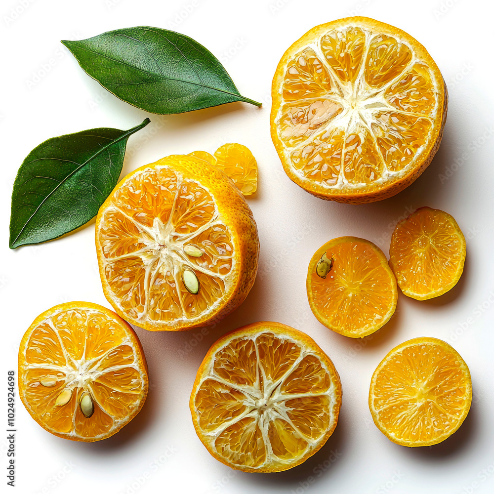 A close-up of halved and sliced oranges and leaves isolated on a white background. A close-up of halved and sliced oranges and leaves isolated on a white background.
