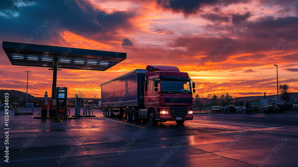 Fototapeta premium the truck is standing at the gas station