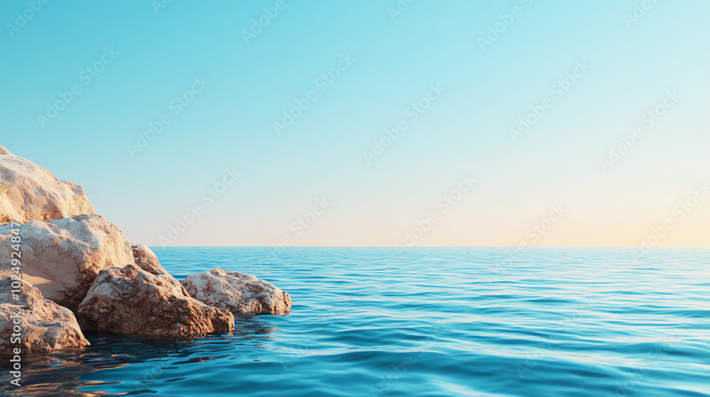 A serene view of calm waters meeting a clear blue sky, featuring soft rocky formations along the shore. Perfect for relaxation and nature themes. A serene view of calm waters meeting a clear blue sky, featuring soft rocky formations along the shore. Perfect for relaxation and nature themes.