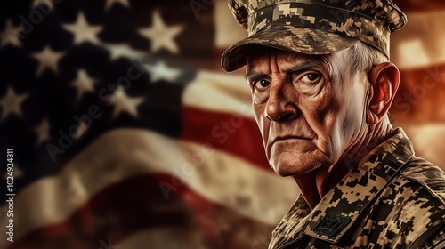 A poignant portrait of an elderly American soldier in uniform, with the US flag subtly blurred in the background, captures the essence of solitude and reflection after war. His deep wrinkles and camou photo