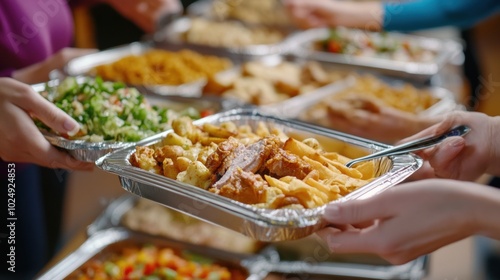 A diverse group enjoys a buffet with various dishes in aluminum trays, AI