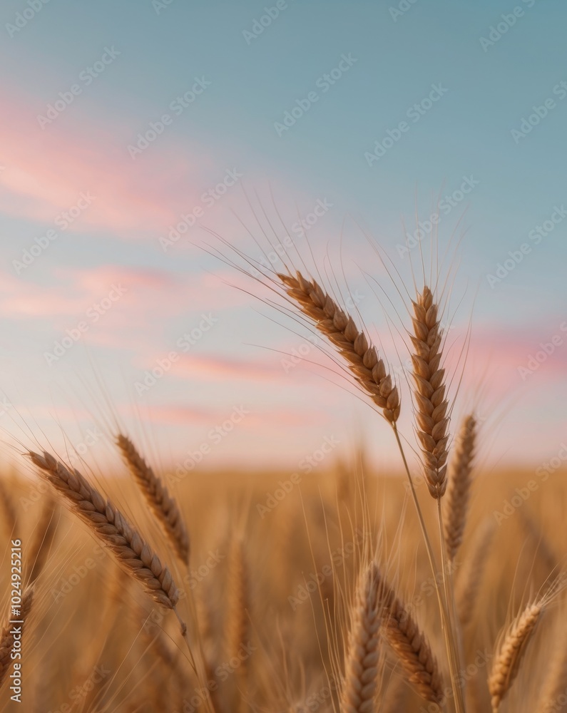 Naklejka premium Golden Wheat Fields at Sunrise with Warm Colors.