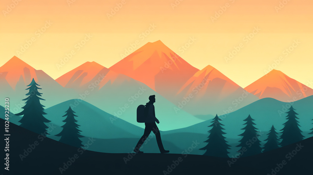 A lone hiker trekking through a picturesque mountain landscape during sunset, surrounded by dark silhouettes of trees and vibrant mountain peaks. A lone hiker trekking through a picturesque mountain landscape during sunset, surrounded by dark silhouettes of trees and vibrant mountain peaks.