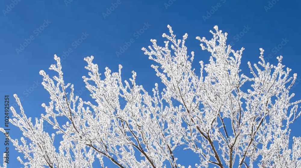 Frost-covered branches against a clear blue sky Frost-covered branches against a clear blue sky