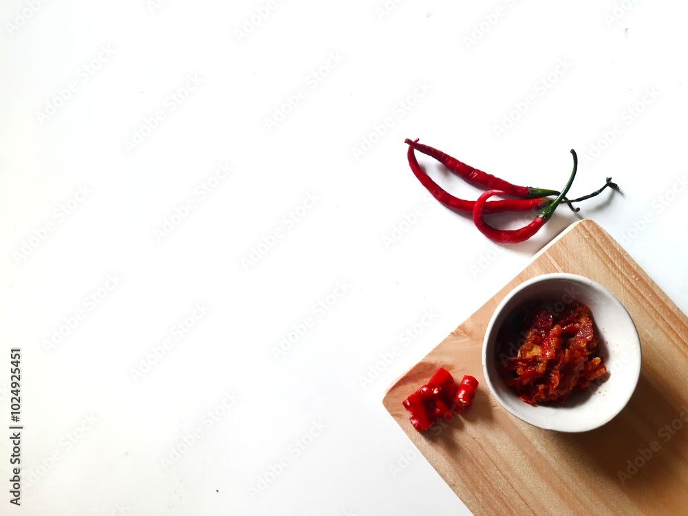 Sambal or Indonesian traditional chili sauce. Served in a small bowl on cutting board Sambal or Indonesian traditional chili sauce. Served in a small bowl on cutting board