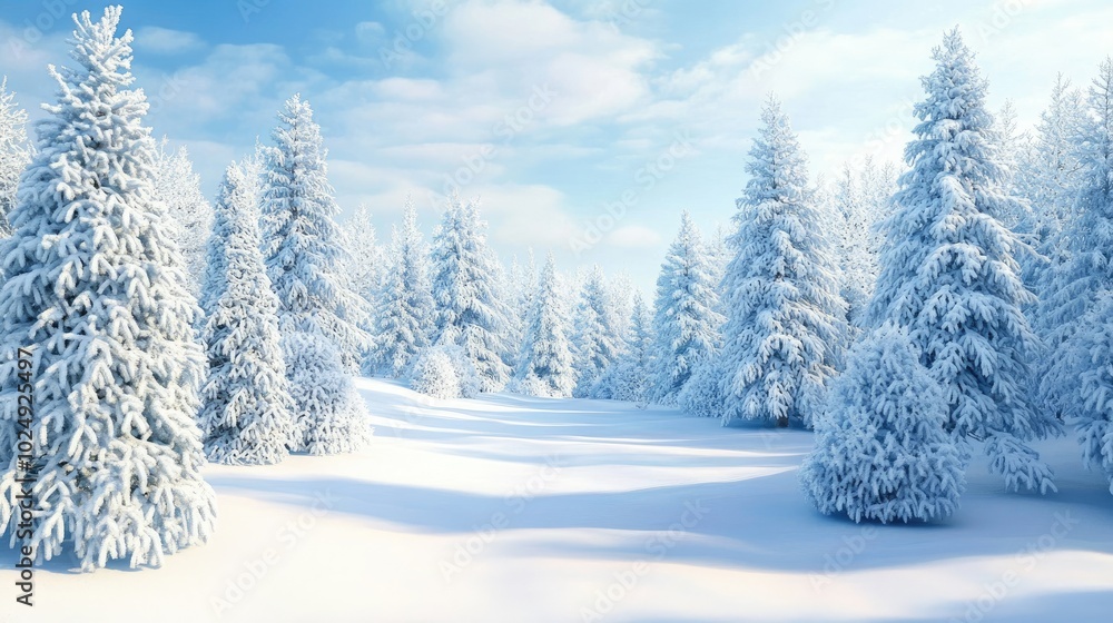 Fototapeta premium Serene Winter Landscape with Snowy Pine Trees