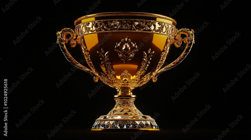 Golden trophy on display showcasing intricate details and craftsmanship against a dark background Golden trophy on display showcasing intricate details and craftsmanship against a dark background