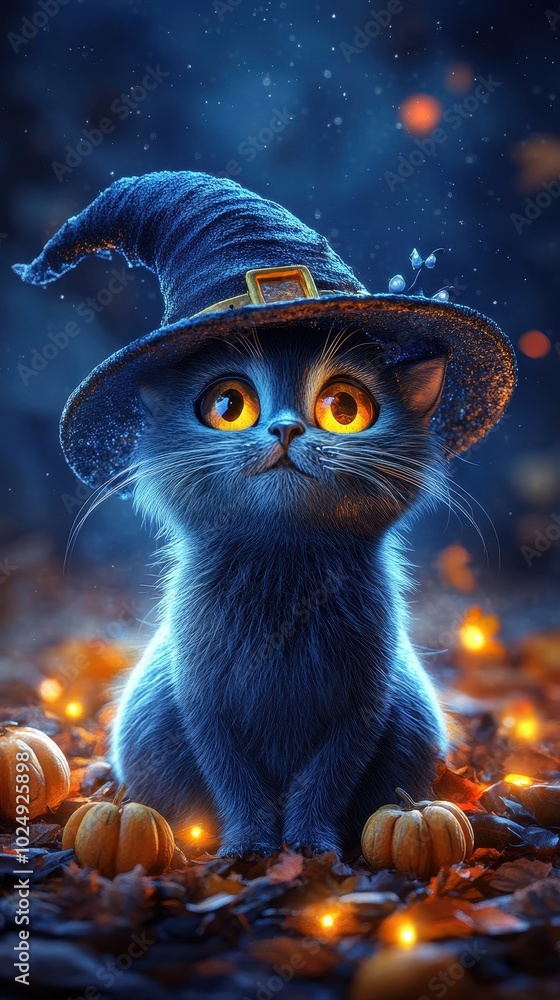 Black cat with witch hat, glowing eyes, spooky Halloween night Black cat with witch hat, glowing eyes, spooky Halloween night