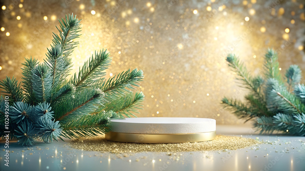 Christmas podium with green fir branches, festive blurred christmas background , mock up for product, copy space
Christmas podium with green fir branches, festive blurred christmas background , mock up for product, copy space