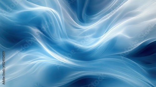 A sleek abstract background with flowing waves of blue and white, giving a sense of energy and motion like water or air currents.