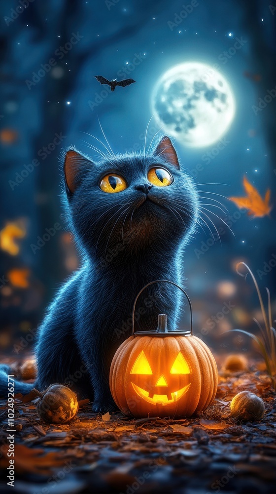 Cartoon black cat with pumpkin lantern, spooky full moon background Cartoon black cat with pumpkin lantern, spooky full moon background