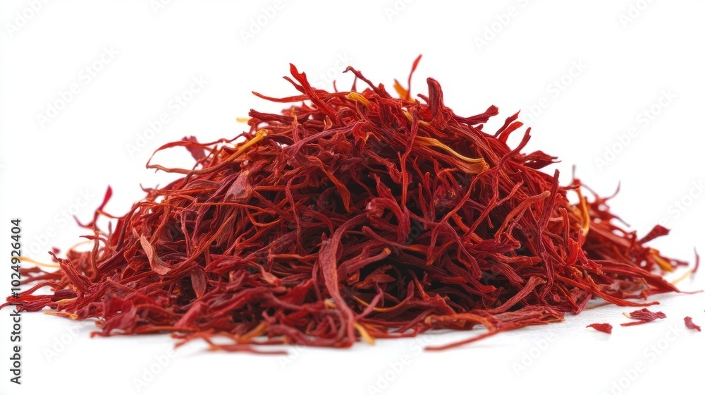 Naklejka premium A small pile of whole dried saffron threads, showcasing their deep red color and delicate structure, scattered on a white background