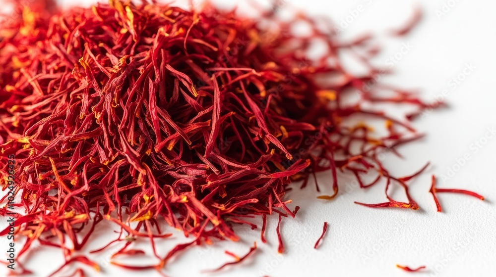 Naklejka premium A small pile of whole dried saffron threads, showcasing their deep red color and delicate structure, scattered on a white background