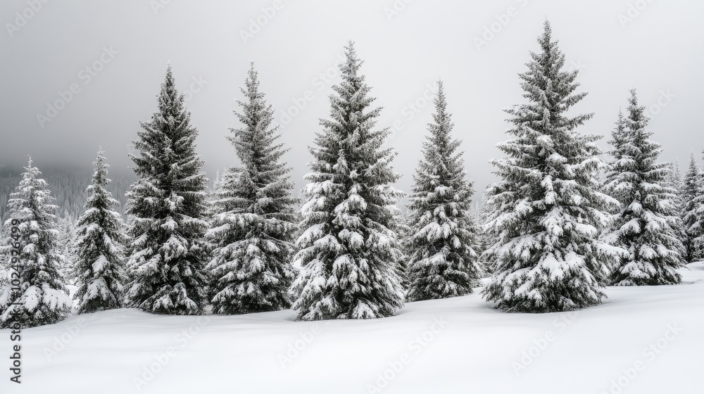 Fototapeta premium Snowy Winter Forest with Evergreen Trees