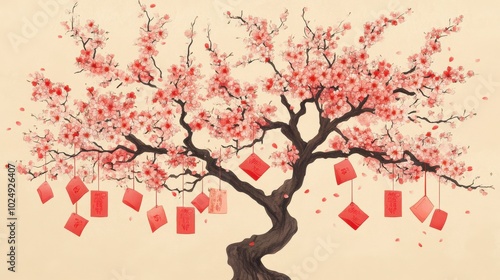 Chinese New Year Card Design with Cherry Blossom Tree