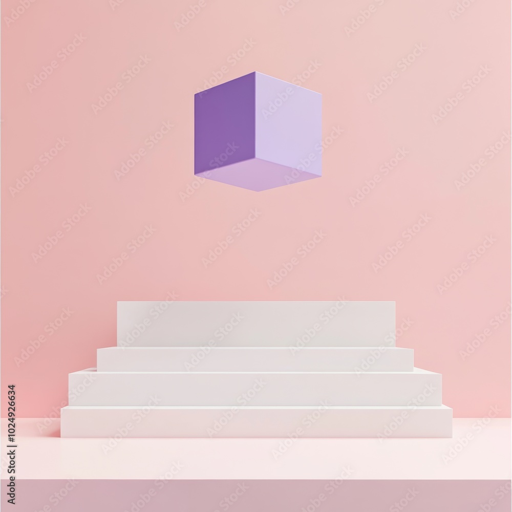 A minimalist purple cube floating above a white platform with a pastel pink backdrop A minimalist purple cube floating above a white platform with a pastel pink backdrop