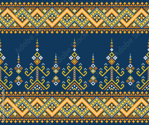 Pixel pattern. Cross Stitch. Geometric ethnic oriental pattern traditional Design for clothing, fabric, blue background, wallpaper, wrapping, batik. Knitwear,  Embroidery style. Vector illustration.