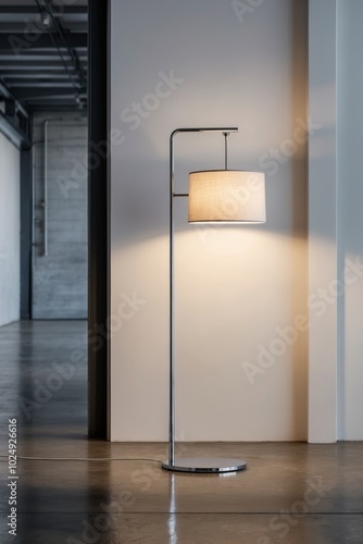 Dreamlike warehouse with floor lamp for design promo. photo