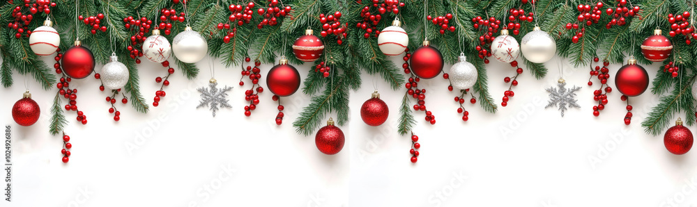 © gusion - christmas festive holiday decoration with a border of pine branches, red berries, and various Christmas ornaments in red, white, and silver hues. The decorations hang from the top, l © gusion - christmas festive holiday decoration with a border of pine branches, red berries, and various Christmas ornaments in red, white, and silver hues. The decorations hang from the top, l