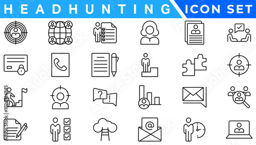Headhunting And Human Resources minimal thin editable stroke icon set. Included the line icons as Recruitment, Career Goals, Resume or CV, and more.