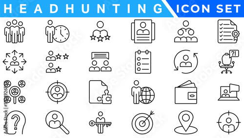 Headhunting And Human Resources minimal thin editable stroke icon set. Included the line icons as Recruitment, Career Goals, Resume or CV, and more.