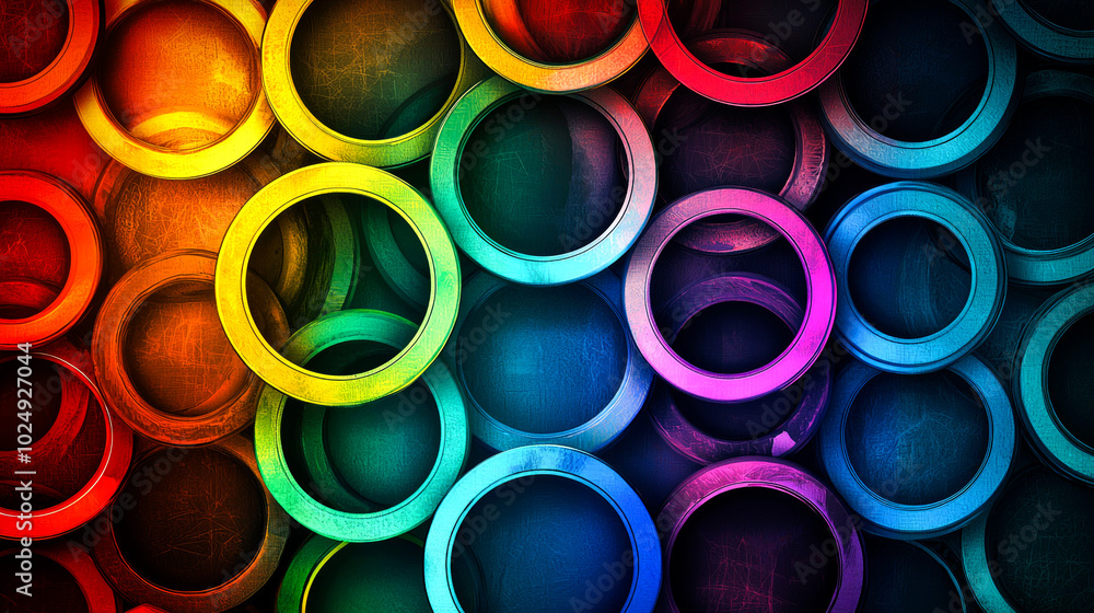 A colorful array of metallic rings arranged in a random pattern. A colorful array of metallic rings arranged in a random pattern.
