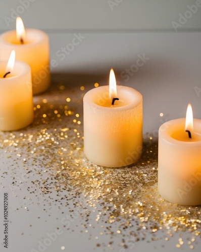 Warm Candles with Sparkling Confetti in Soft Light.