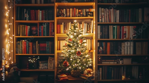 Cozy Bookshelf with Christmas Tree Lights