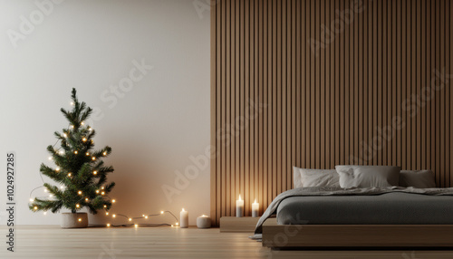 Cozy bedroom with a Christmas tree and warm decorations, serene holiday ambience. photo