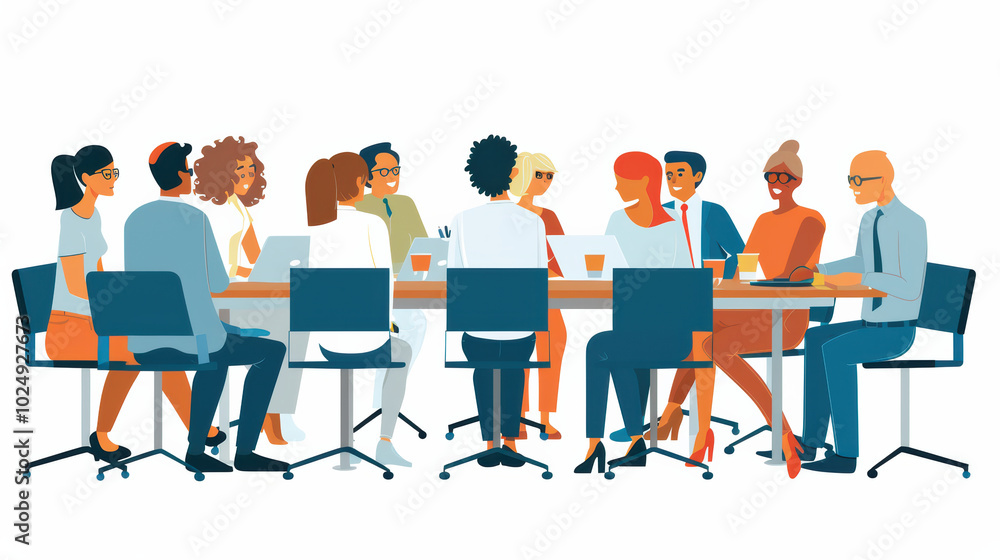 diverse group of people engaged in collaborative meeting around large table, showcasing teamwork and communication in professional setting
