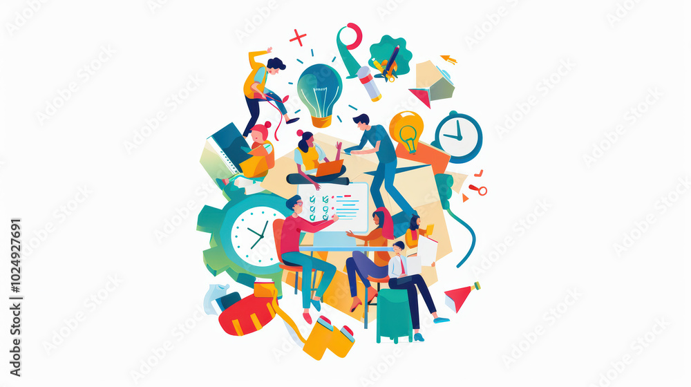 Creative teamwork and brainstorming are depicted in this vibrant illustration, showcasing diverse individuals collaborating on ideas and projects. dynamic scene includes various symbols of innovation Creative teamwork and brainstorming are depicted in this vibrant illustration, showcasing diverse individuals collaborating on ideas and projects. dynamic scene includes various symbols of innovation