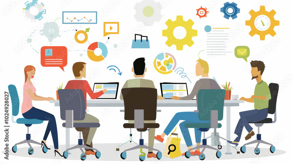 diverse group of professionals collaborating in modern office setting, engaged in discussions and using technology to enhance productivity. atmosphere is dynamic and creative, with various digital diverse group of professionals collaborating in modern office setting, engaged in discussions and using technology to enhance productivity. atmosphere is dynamic and creative, with various digital