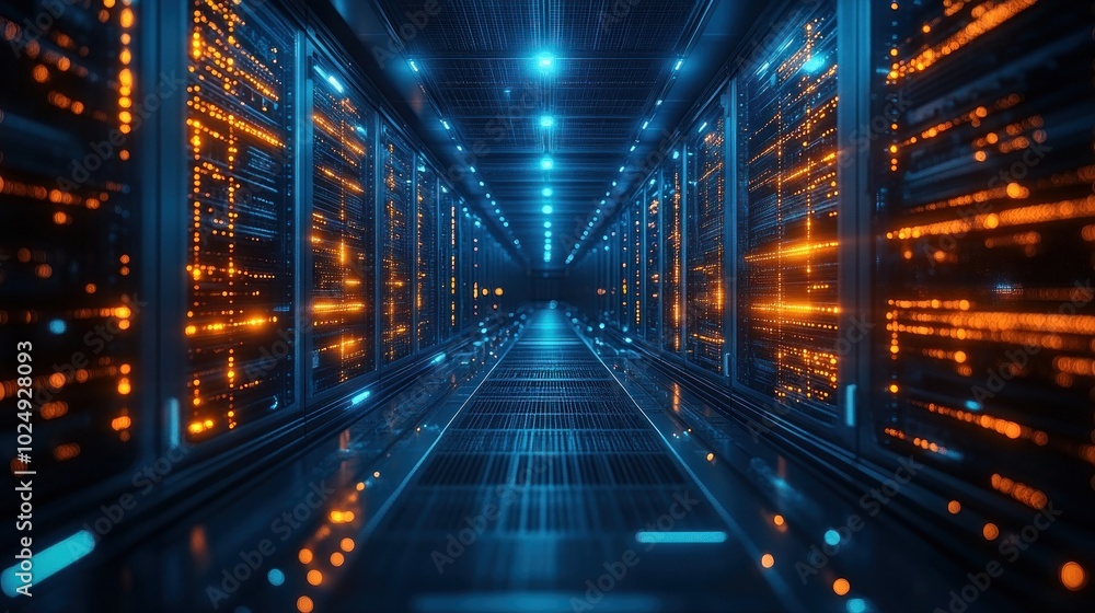 Futuristic data center with illuminated server racks and pathways. Futuristic data center with illuminated server racks and pathways.