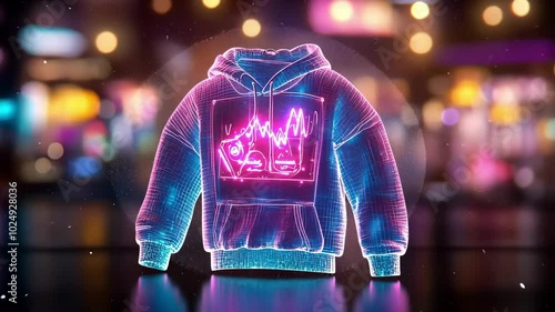 Futuristic neon hoodie with digital holographic design in vibrant urban setting photo