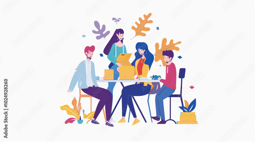 Creative individuals collaborating at table, surrounded by plants and colorful elements, showcasing teamwork and innovation in vibrant setting Creative individuals collaborating at table, surrounded by plants and colorful elements, showcasing teamwork and innovation in vibrant setting