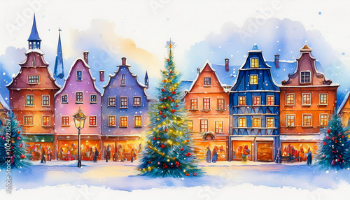 snowy dreamy winter city with old traditional houses, christmas tree with lights in the windows and lanterns and illuminated houses. watercolor style.