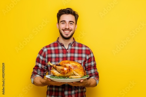 Smiling man in plaid shirt holding cooked turkey against yellow background thanksgiving